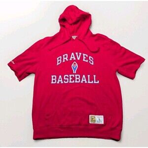 Mitchell & Ness Atlanta Braves Cut Off Baseball Hoodie Men's Large Red